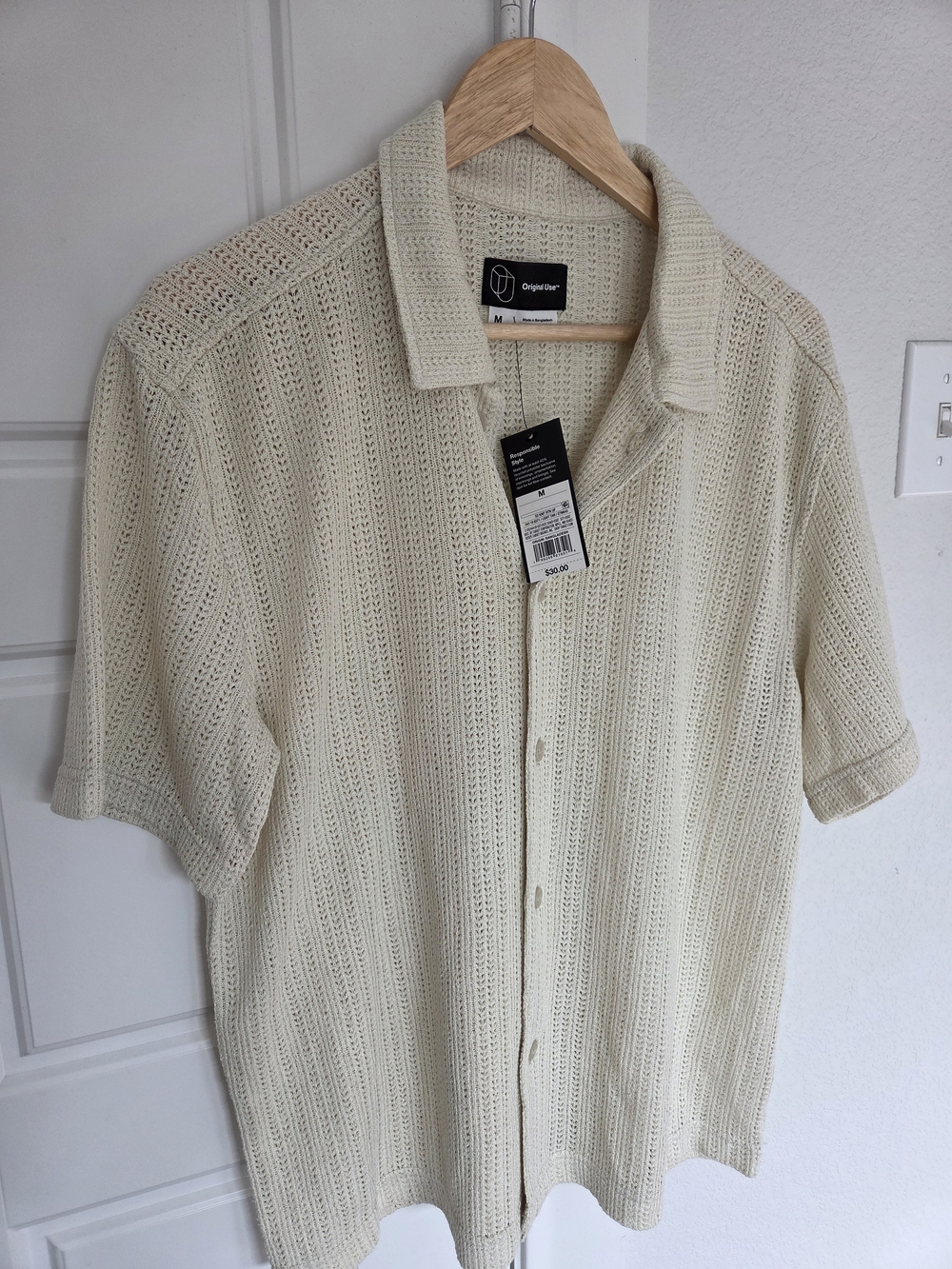 Original Use Cream Open-Weave Short Sleeve Button-Down Shirt NEW WITH TAG.